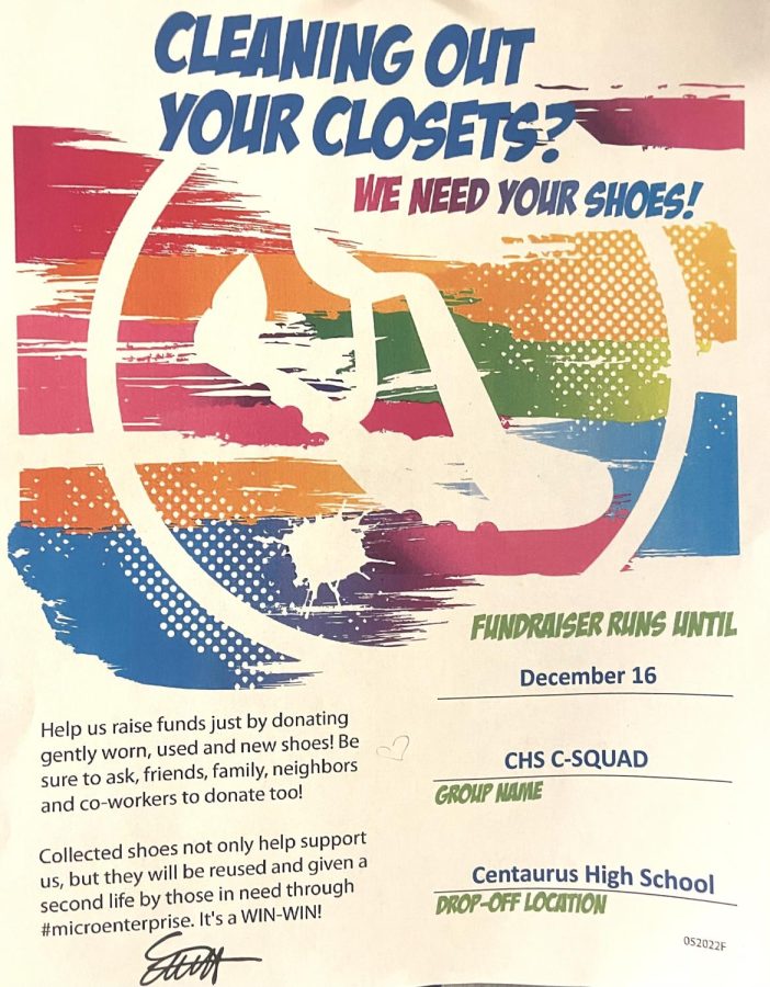 Flyer put up by Centaurus advertising a shoe drive. 
