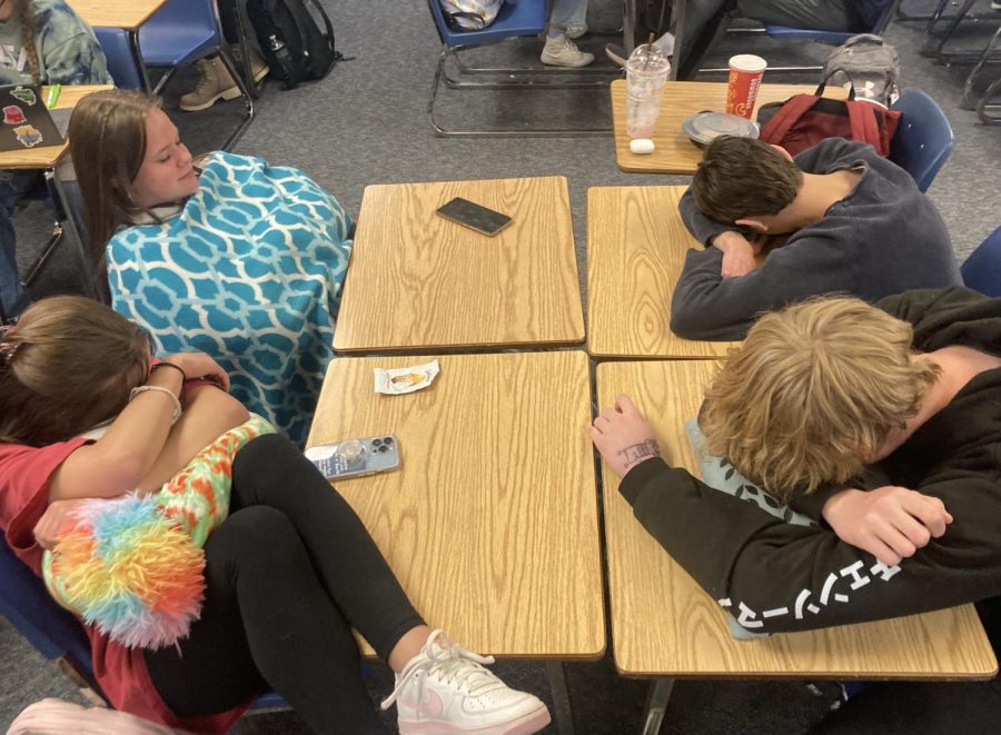 Students participate in a sleep-in during advisory class on 4/6