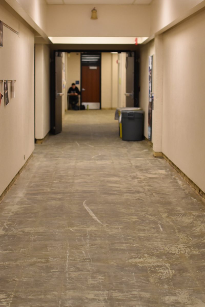 The hallways are still sans-floor, two days after April Fools. 